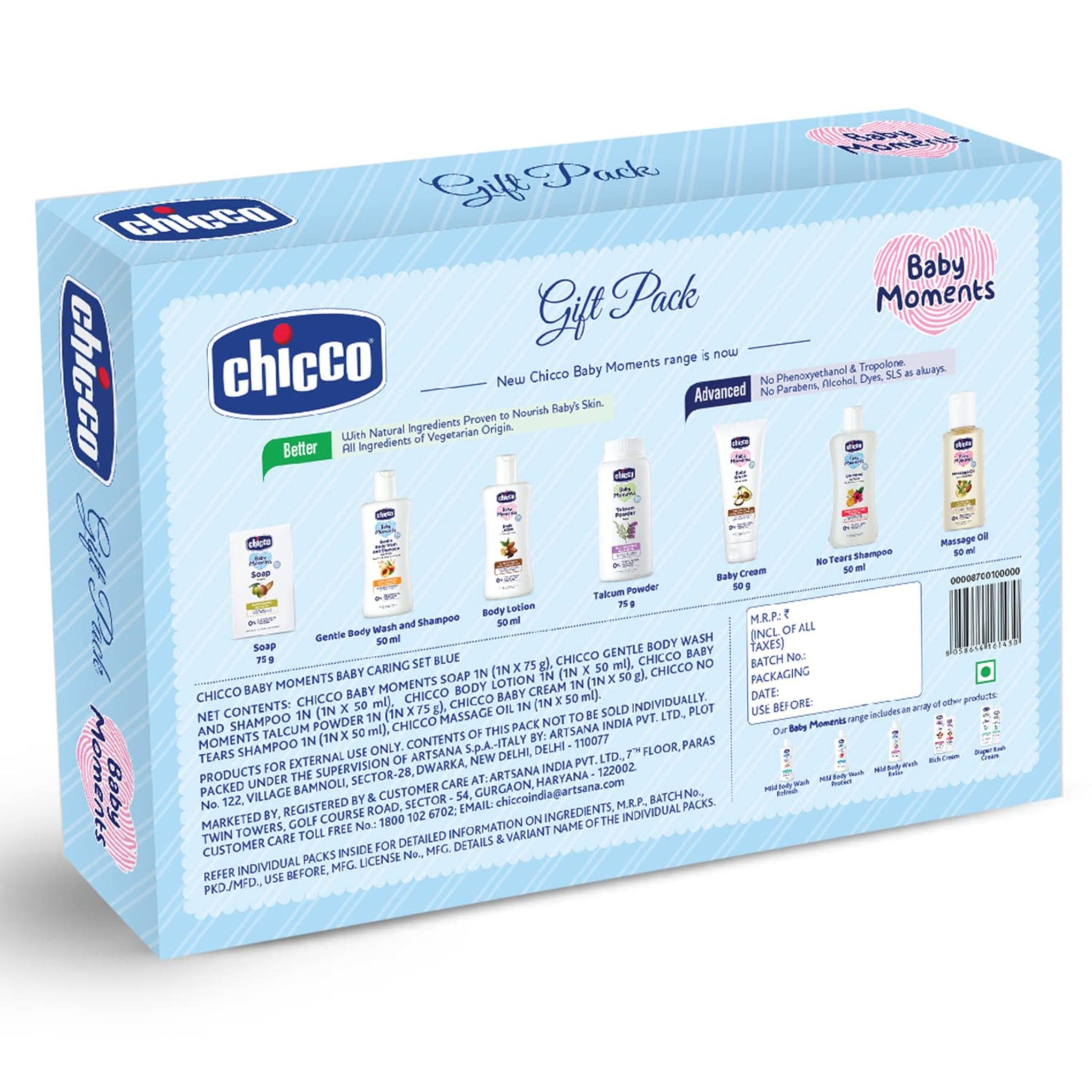 Chicco Baby Moments Baby Caring Gift Pack (Blue & purple ) with 7 Baby Skincare & Haircare Products  | Soap 75 GM , Gentle Body Wash and Shampoo 50 ml , Body Lotion 50 ml , Talcum Powder 75 g , Baby Cream 50 g , No Tears Shampoo 50 ml , Massage Oil 50 ml