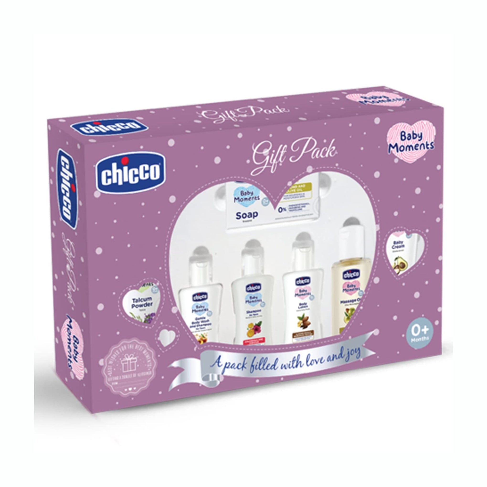 Chicco Baby Moments Baby Caring Gift Pack (Blue & purple ) with 7 Baby Skincare & Haircare Products  | Soap 75 GM , Gentle Body Wash and Shampoo 50 ml , Body Lotion 50 ml , Talcum Powder 75 g , Baby Cream 50 g , No Tears Shampoo 50 ml , Massage Oil 50 ml