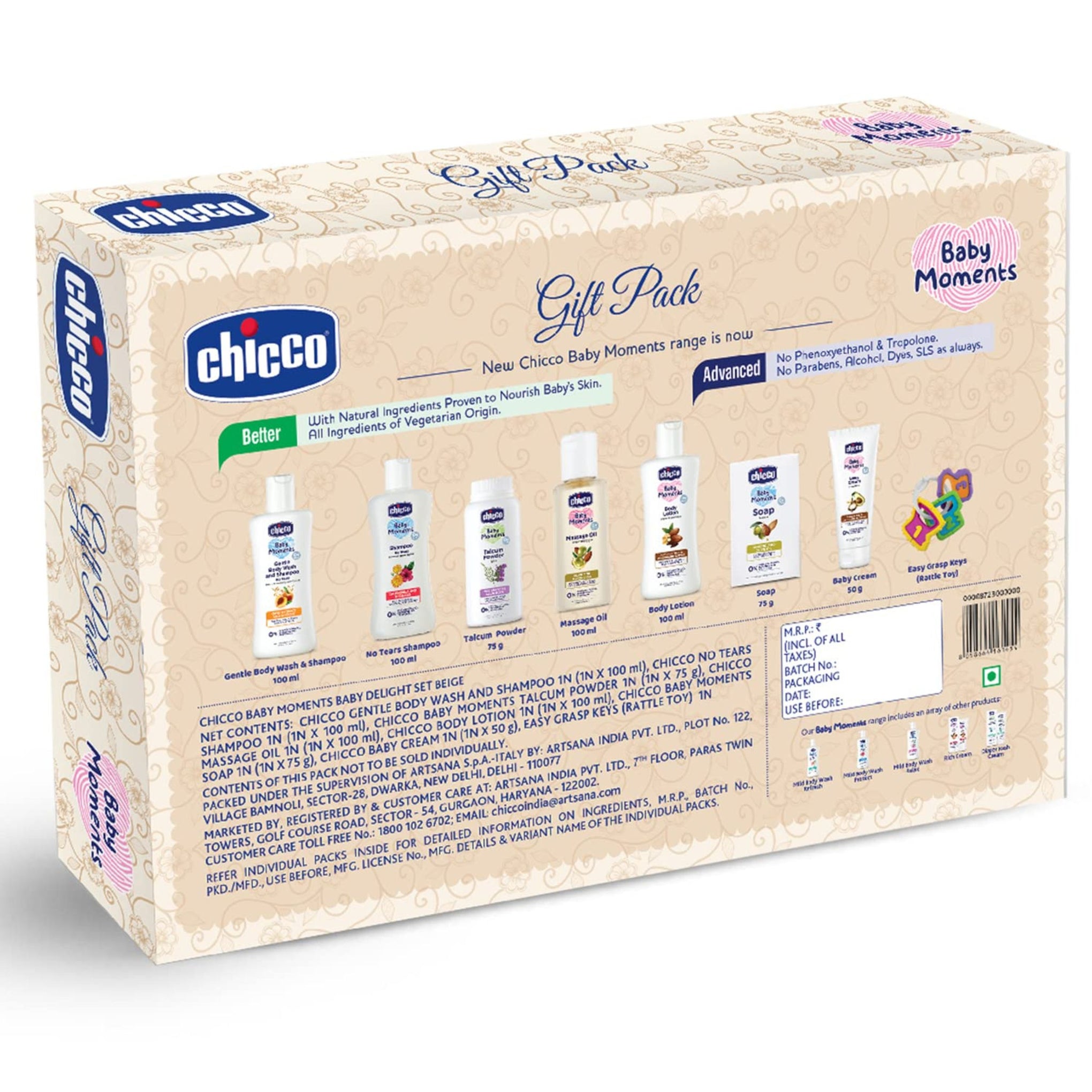 Chicco Baby Moments Delight Gift Pack ( WHITE AND GREEN ) with 7 Baby Skin & Haircare Products and a Rattle Toy | Baby Care Gift Set for Newborn Baby Shower, New Parents, and Birthdays