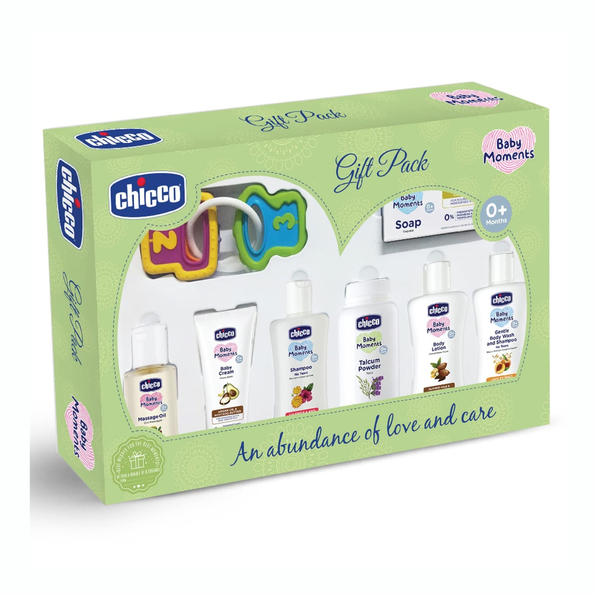 Chicco Baby Moments Delight Gift Pack ( WHITE AND GREEN ) with 7 Baby Skin & Haircare Products and a Rattle Toy | Baby Care Gift Set for Newborn Baby Shower, New Parents, and Birthdays