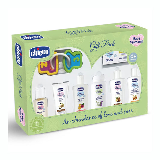 Chicco Baby Moments Delight Gift Pack ( WHITE AND GREEN ) with 7 Baby Skin & Haircare Products and a Rattle Toy | Baby Care Gift Set for Newborn Baby Shower, New Parents, and Birthdays