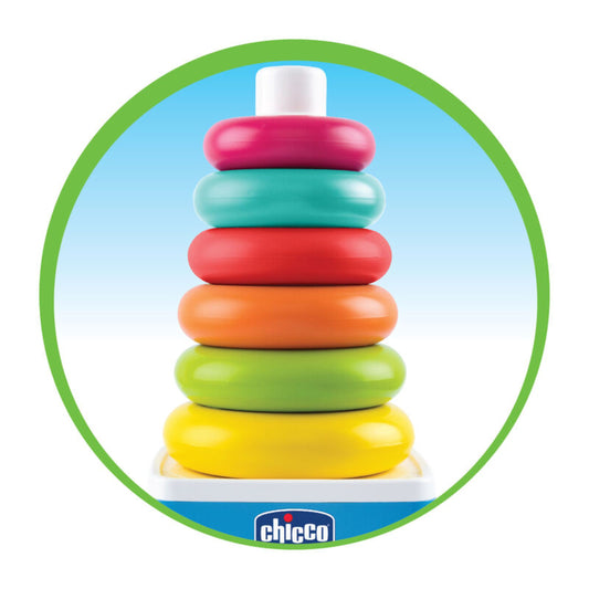 Chicco's 2-in-1 Rocking Ring Tower | Pyramid with 6 coloured rings  in different sizes | largest to smallest.