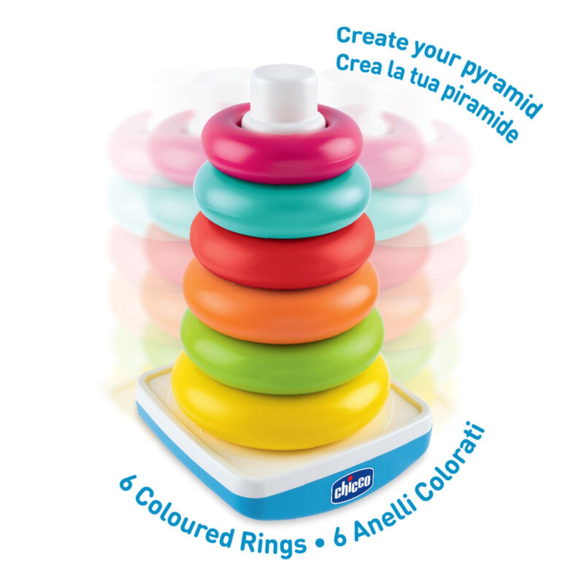 Chicco's 2-in-1 Rocking Ring Tower | Pyramid with 6 coloured rings  in different sizes | largest to smallest.