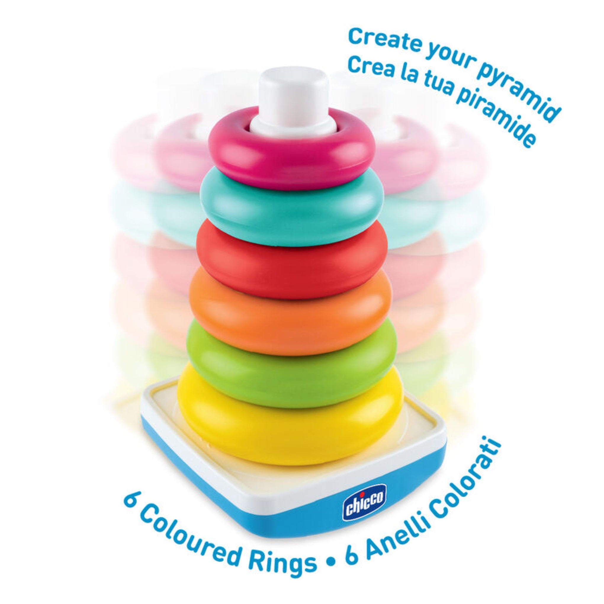 Chicco's 2-in-1 Rocking Ring Tower | Pyramid with 6 coloured rings  in different sizes | largest to smallest.