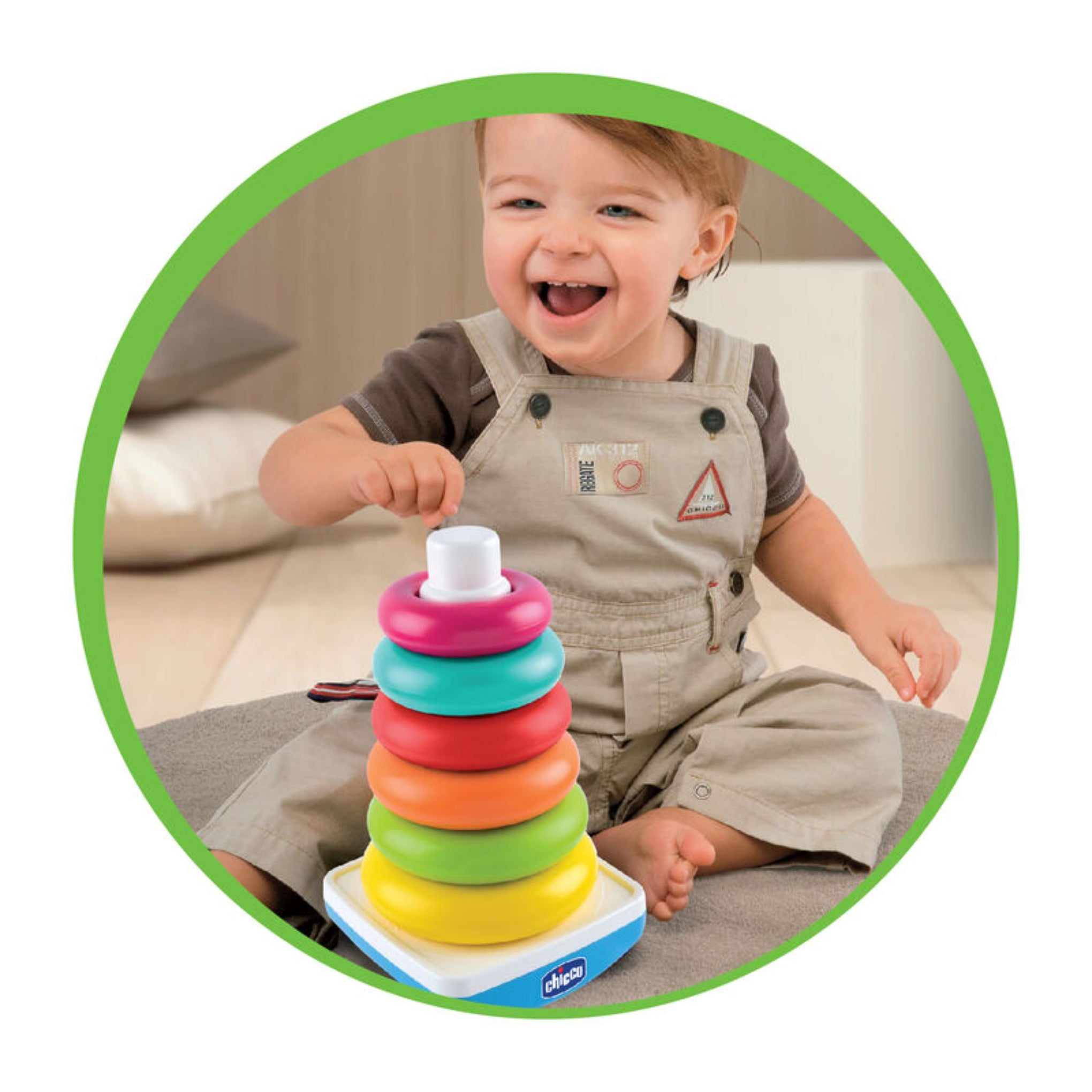 Chicco's 2-in-1 Rocking Ring Tower | Pyramid with 6 coloured rings  in different sizes | largest to smallest.