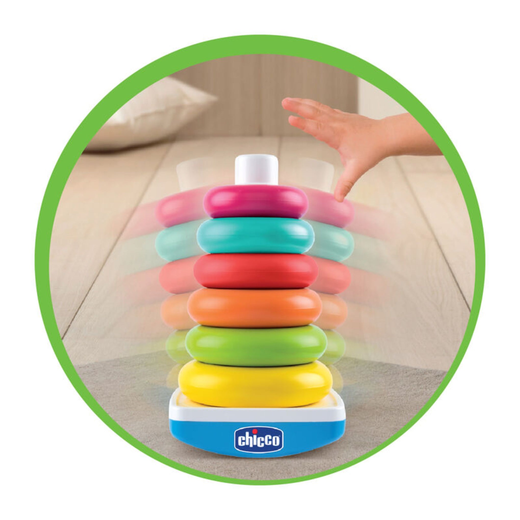 Chicco's 2-in-1 Rocking Ring Tower | Pyramid with 6 coloured rings  in different sizes | largest to smallest.