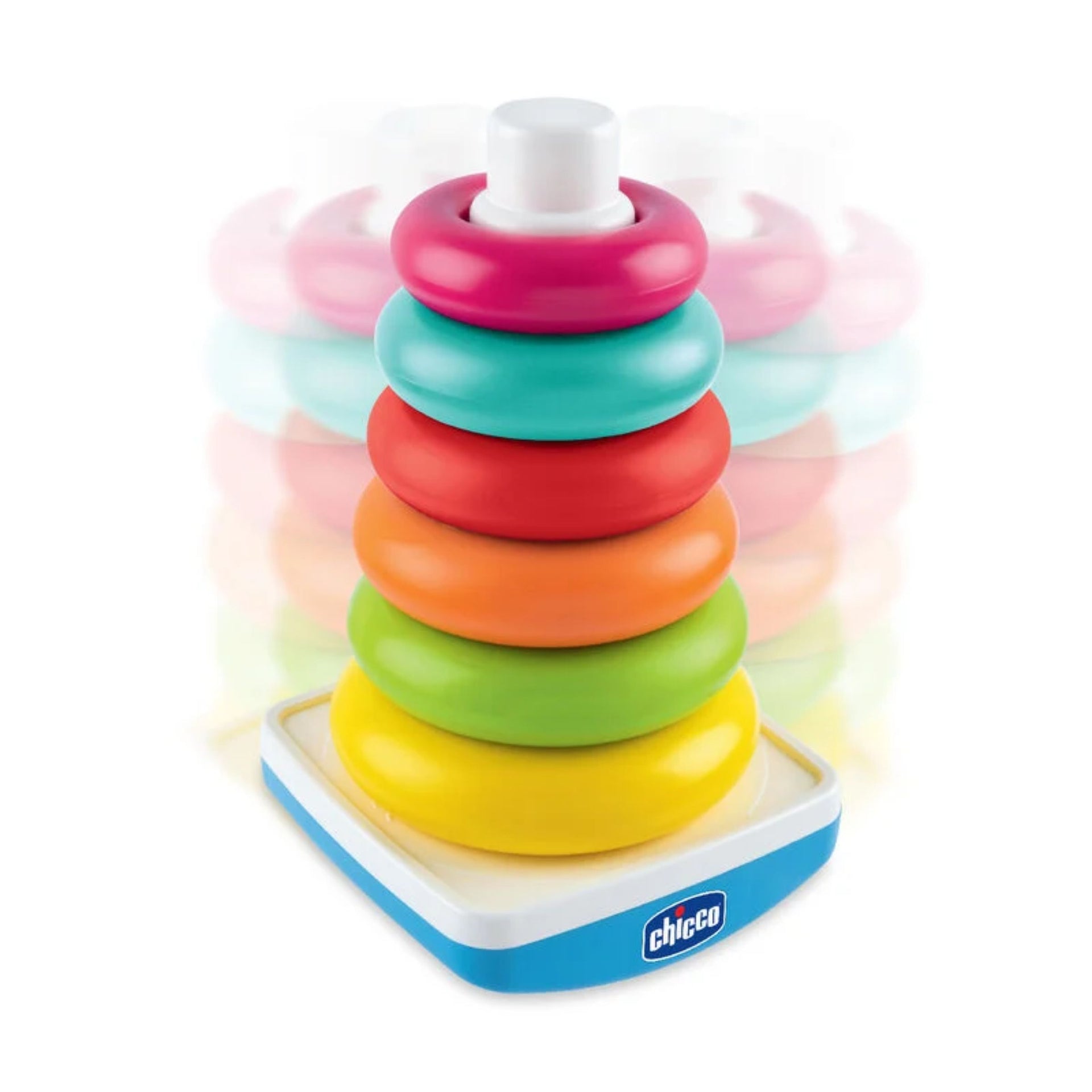 Chicco's 2-in-1 Rocking Ring Tower | Pyramid with 6 coloured rings  in different sizes | largest to smallest.