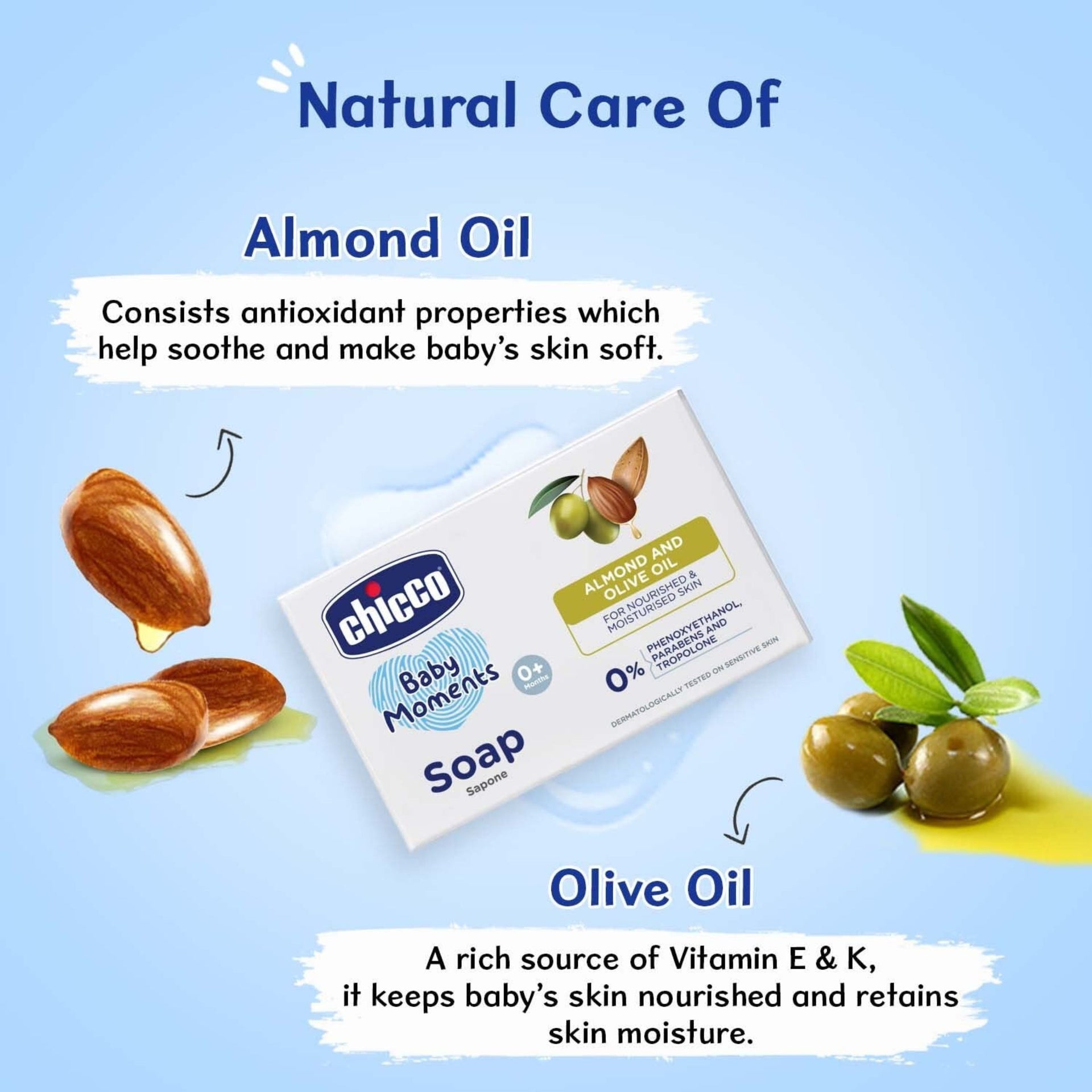 Chicco Baby Moments Bathing Soap for Babies with Almond & Olive Oil, 75g (Buy 3 Get 1 Free)| Nourished & Moisturized Skin| No Parabens | Dermatologically Tested on Sensitive Skin