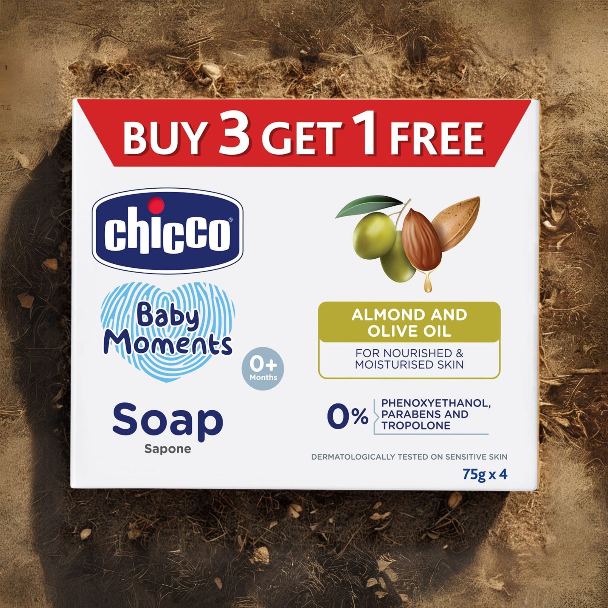 Chicco Baby Moments Bathing Soap for Babies with Almond & Olive Oil, 75g (Buy 3 Get 1 Free)| Nourished & Moisturized Skin| No Parabens | Dermatologically Tested on Sensitive Skin