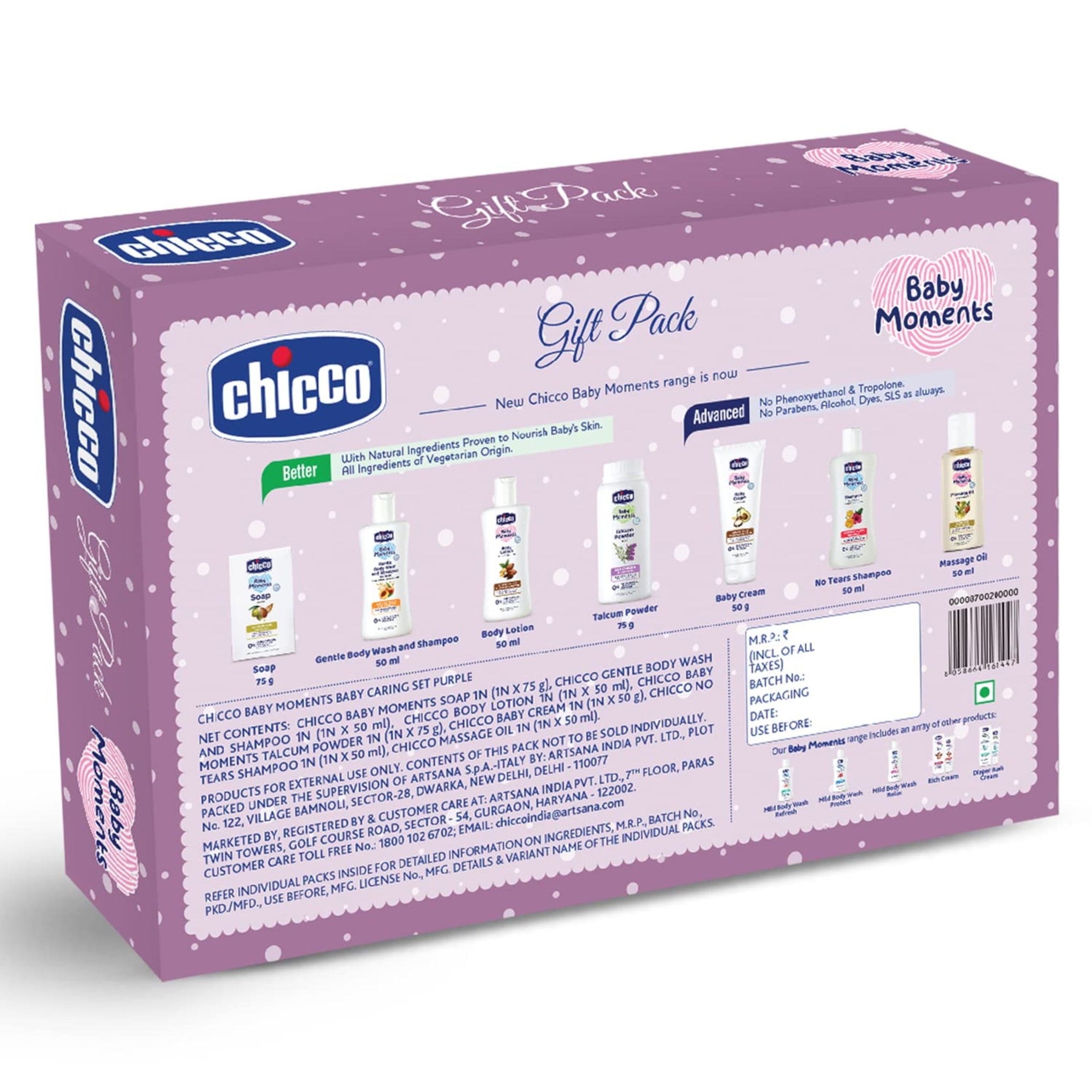 Chicco Baby Moments Baby Caring Gift Pack (Blue & purple ) with 7 Baby Skincare & Haircare Products  | Soap 75 GM , Gentle Body Wash and Shampoo 50 ml , Body Lotion 50 ml , Talcum Powder 75 g , Baby Cream 50 g , No Tears Shampoo 50 ml , Massage Oil 50 ml