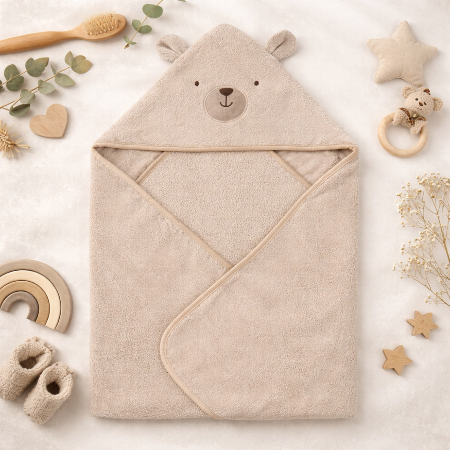 Sunnozy Ultra Soft Baby Hooded Bath Towel (76 × 76 CM) – Highly Absorbent, Gentle on Baby Skin, Cute Bear Hood Design, Premium Baby Towel