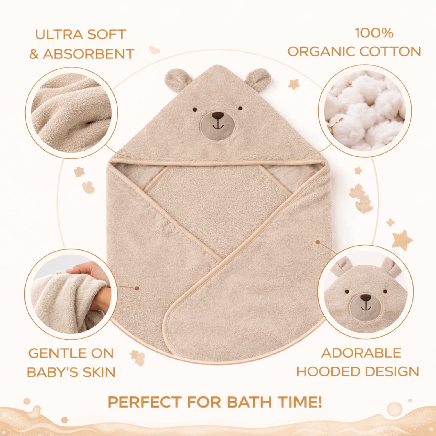 Sunnozy Ultra Soft Baby Hooded Bath Towel (76 × 76 CM) – Highly Absorbent, Gentle on Baby Skin, Cute Bear Hood Design, Premium Baby Towel
