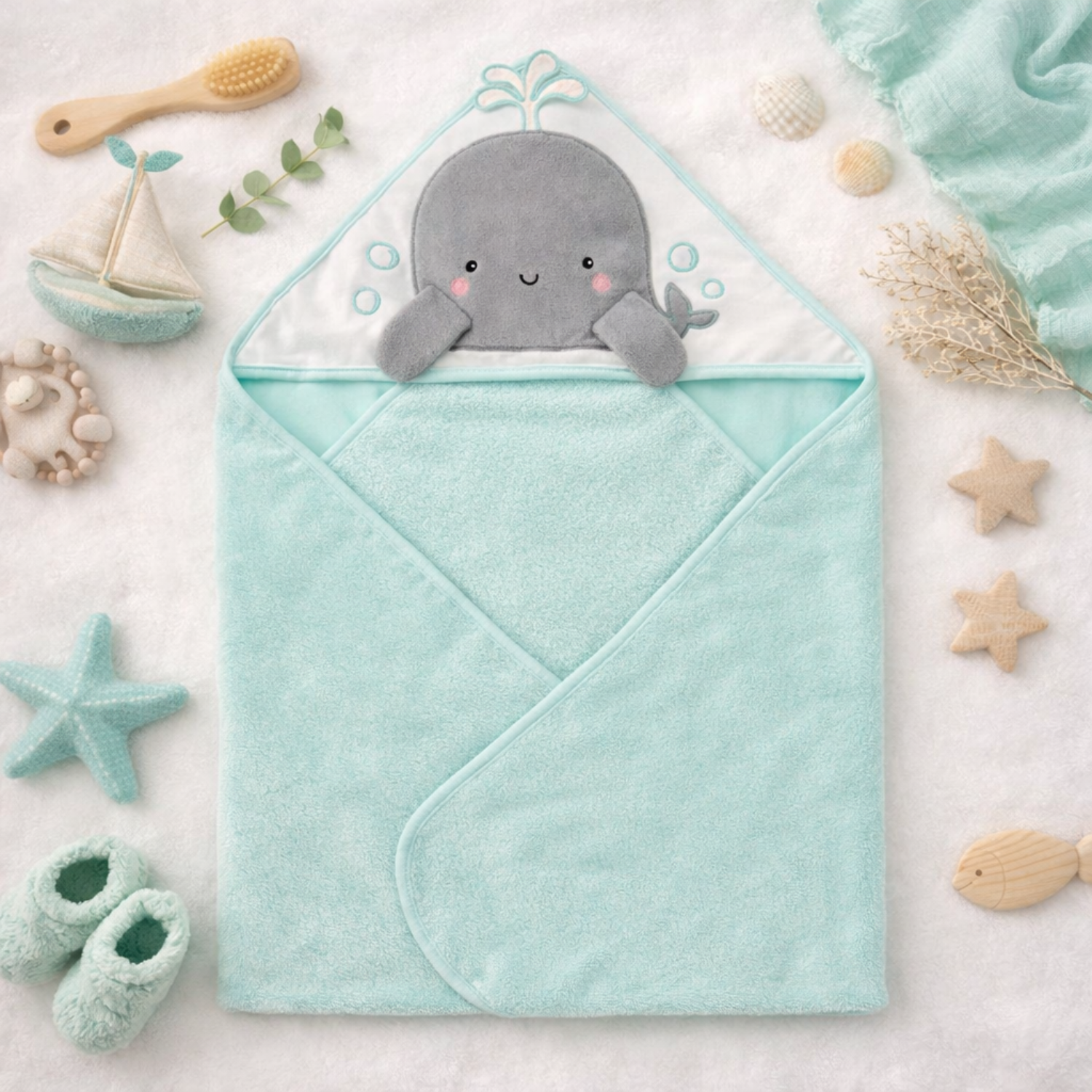 Sunnozy Ultra Soft Baby Hooded Bath Towel (76 × 76 CM) – Highly Absorbent, Gentle on Baby Skin, Cute Whale Hood Design, Premium Baby Towel