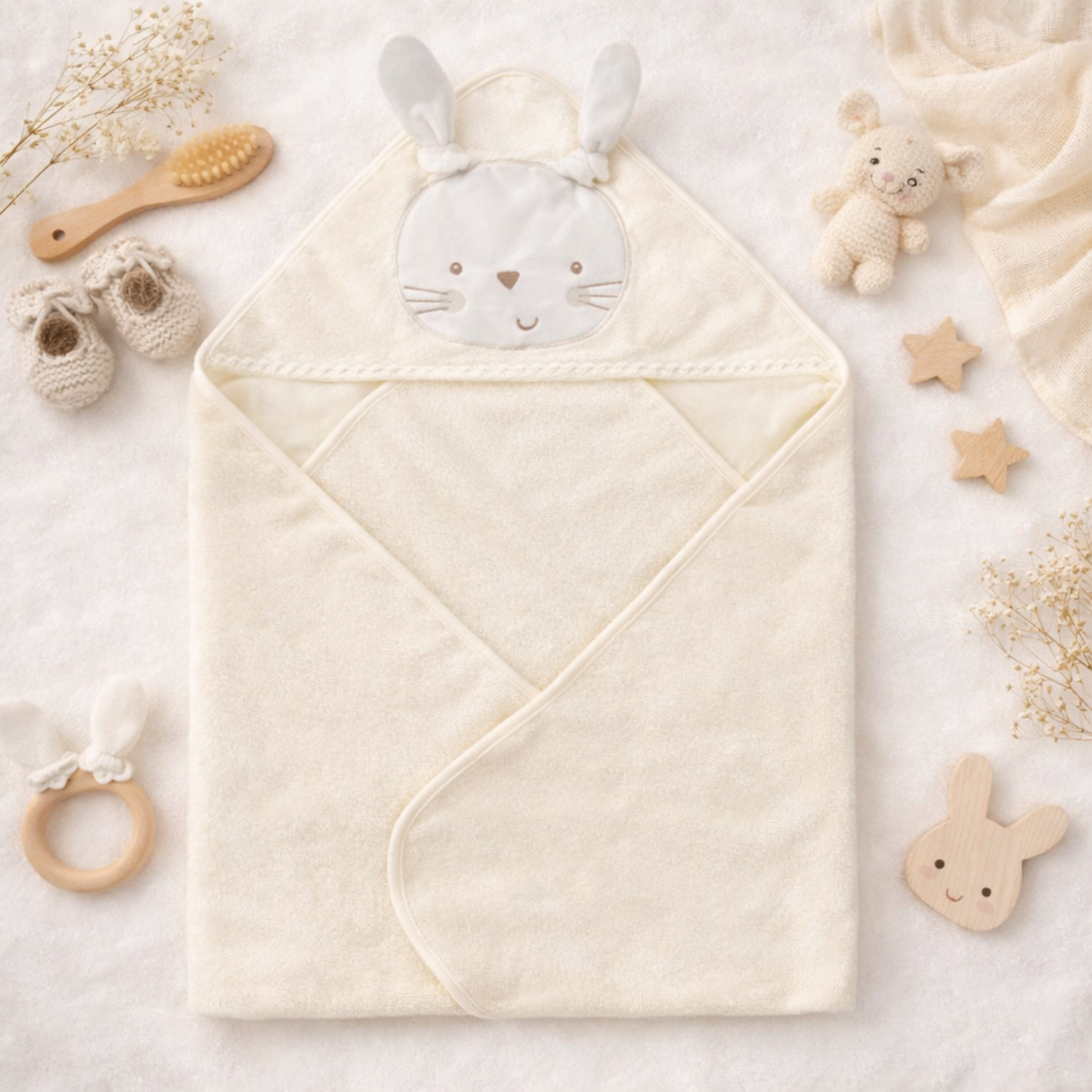 Sunnozy Ultra Soft Baby Hooded Bath Towel (76 × 76 CM) – Highly Absorbent, Gentle on Baby Skin, Cute Bunny Hood Design, Premium Baby Bath Towel