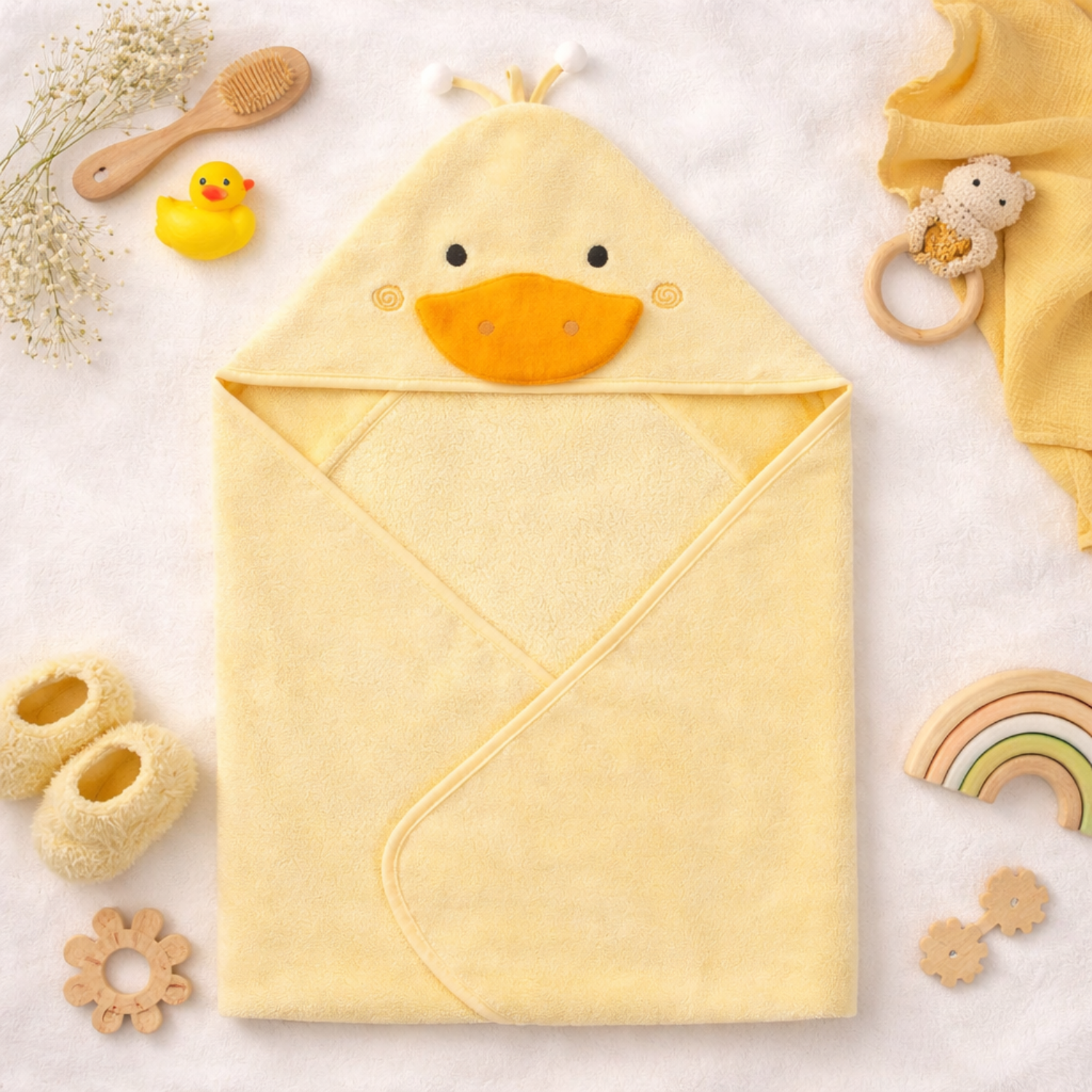 Sunnozy Ultra Soft Baby Hooded Bath Towel (76 × 76 CM) – Highly Absorbent, Gentle on Baby Skin, Cute Duck Hood Design, Premium Baby Bath Towel