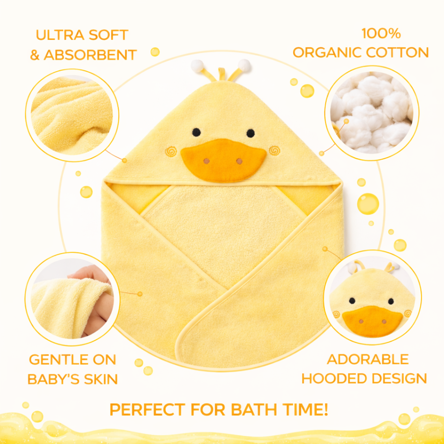 Sunnozy Ultra Soft Baby Hooded Bath Towel (76 × 76 CM) – Highly Absorbent, Gentle on Baby Skin, Cute Duck Hood Design, Premium Baby Bath Towel