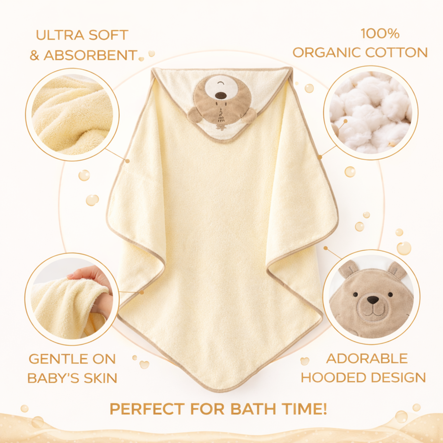 Sunnozy Ultra Soft Baby Hooded Bath Towel (76 × 76 cm) – Highly Absorbent, Gentle on Baby Skin, Cute Bear Hood Design