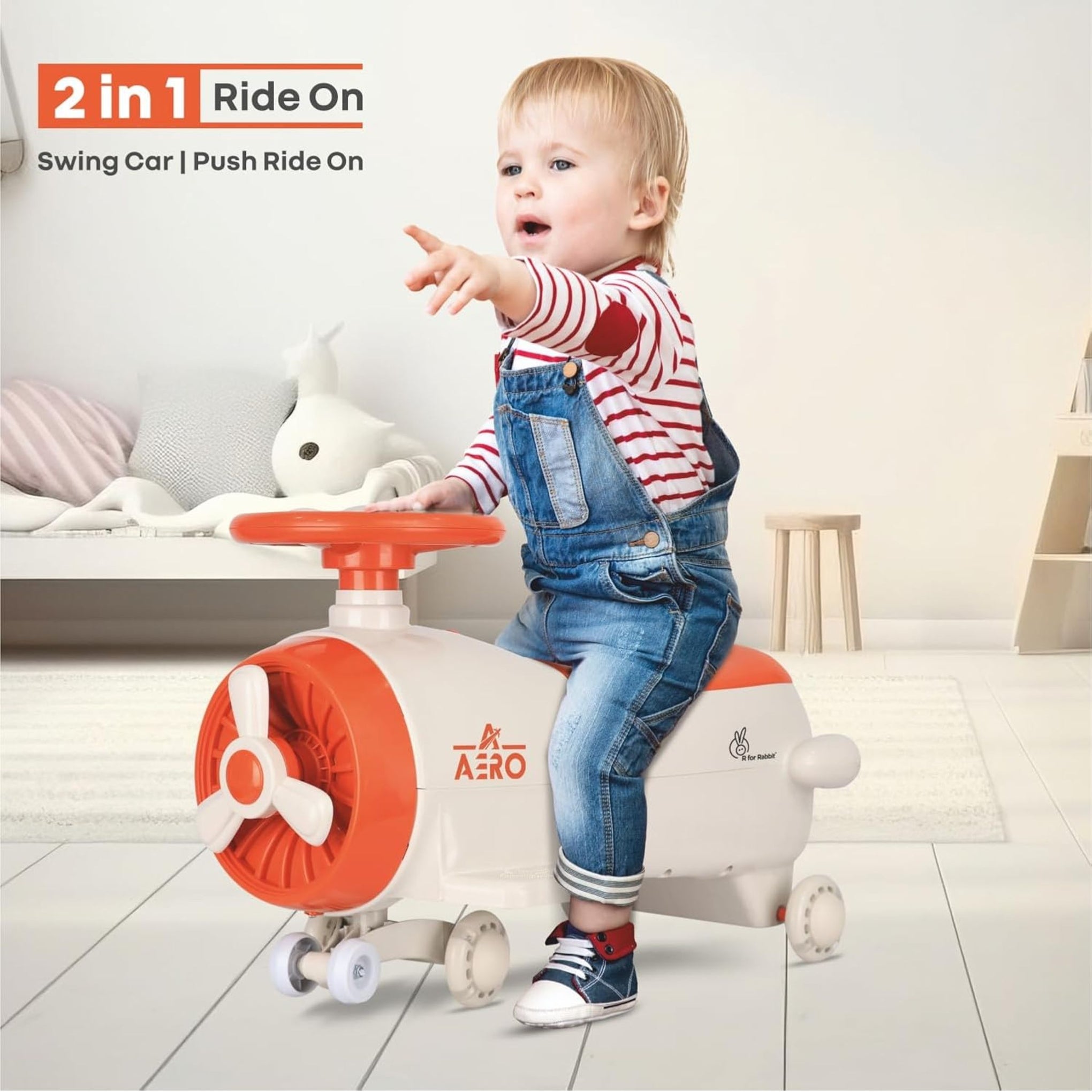 R for Rabbit Iya Iya Aero Kids Swing Car, Scratch Free PU LED Wheels with ABEC7 Bearing, Baby Ride on Magic Toy Panda Car for 2+ Years Boys & Girls, Upto 75 Kgs (Cream Orange)