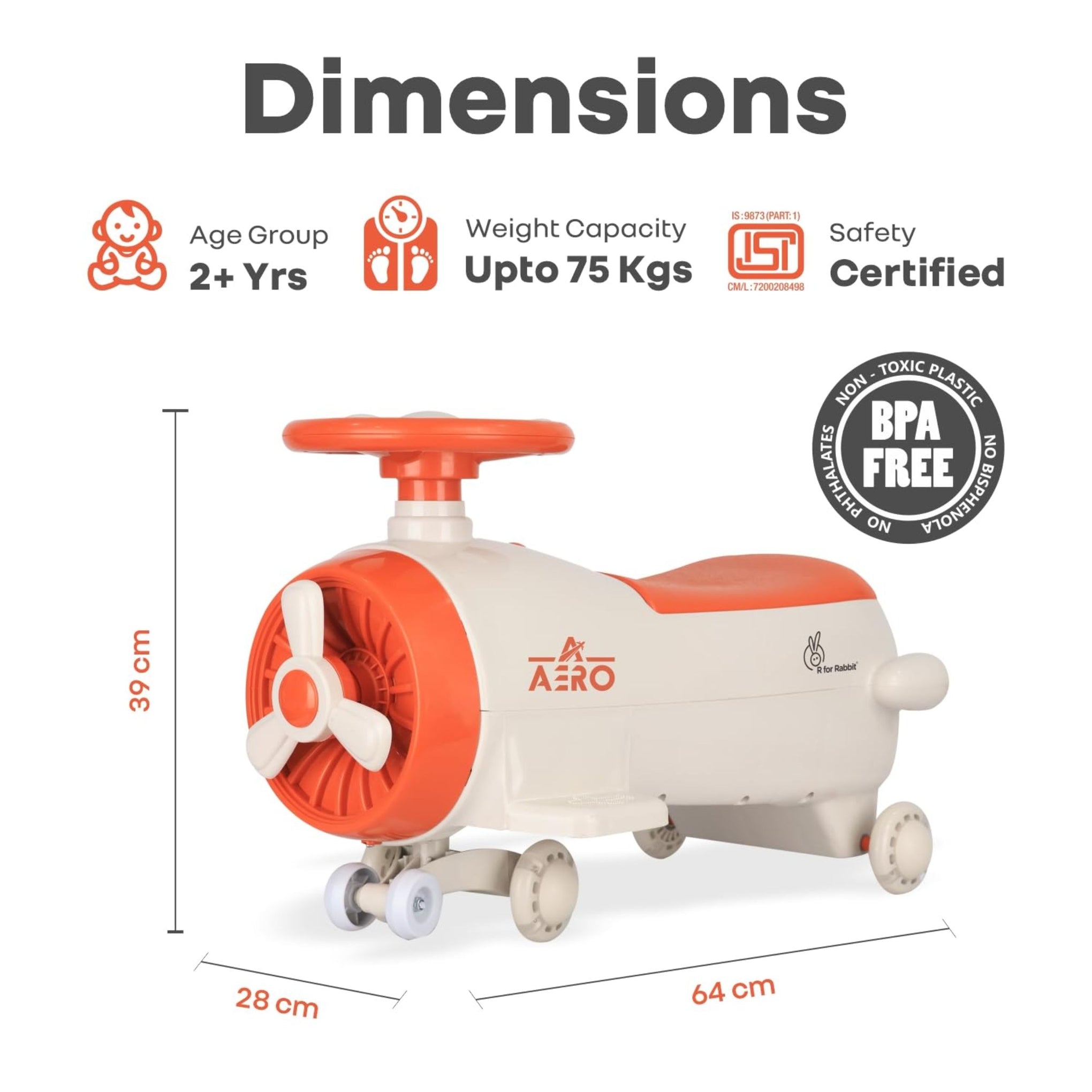 R for Rabbit Iya Iya Aero Kids Swing Car, Scratch Free PU LED Wheels with ABEC7 Bearing, Baby Ride on Magic Toy Panda Car for 2+ Years Boys & Girls, Upto 75 Kgs (Cream Orange)