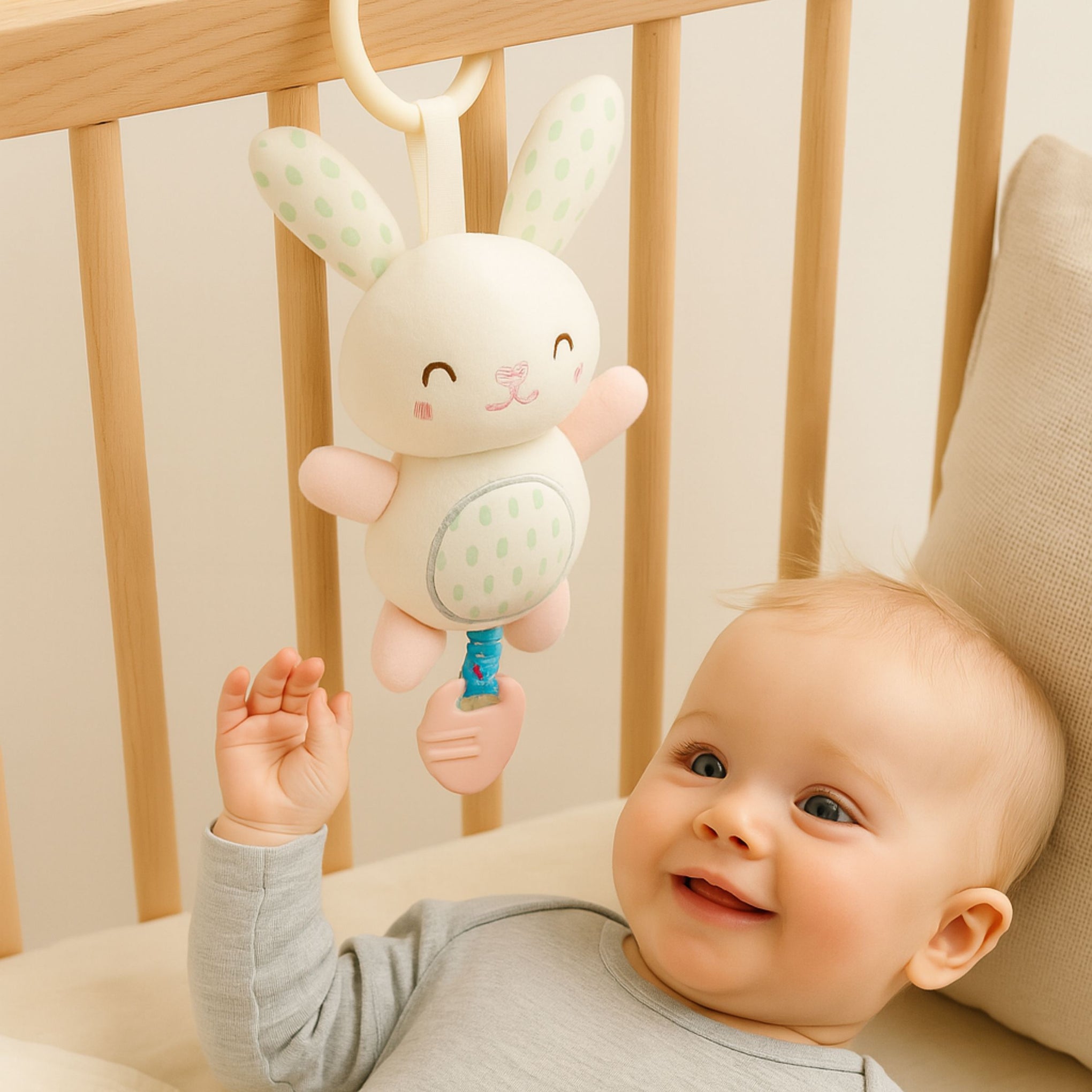Smile Baby Soft Plush Hanging Bunny Toy – Rattle with Teether | Crib & Stroller Accessory for Babies