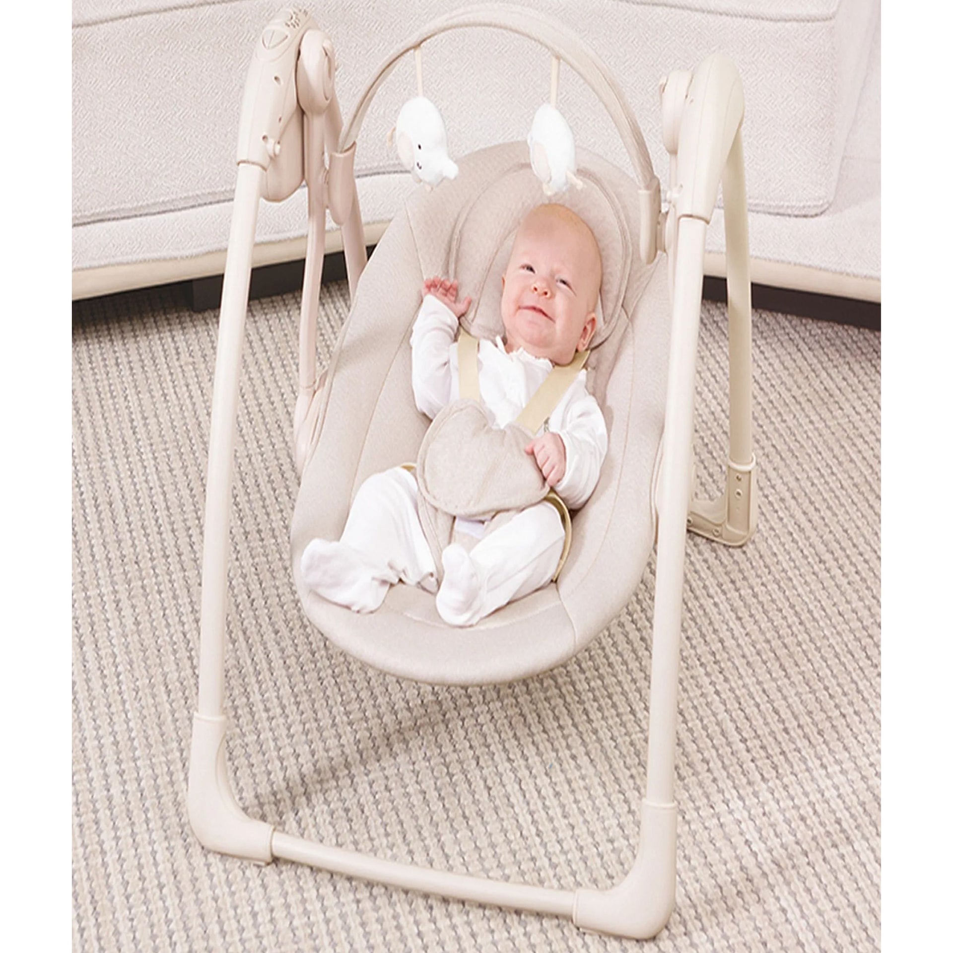 Mastela Deluxe Portable Baby Swing | Birth+ to 6 Months | Compact Foldable Infant Swing with Reclining Seat, Toy Bar, Safety Harness & Soft Cushion | Available in Grey & Cream