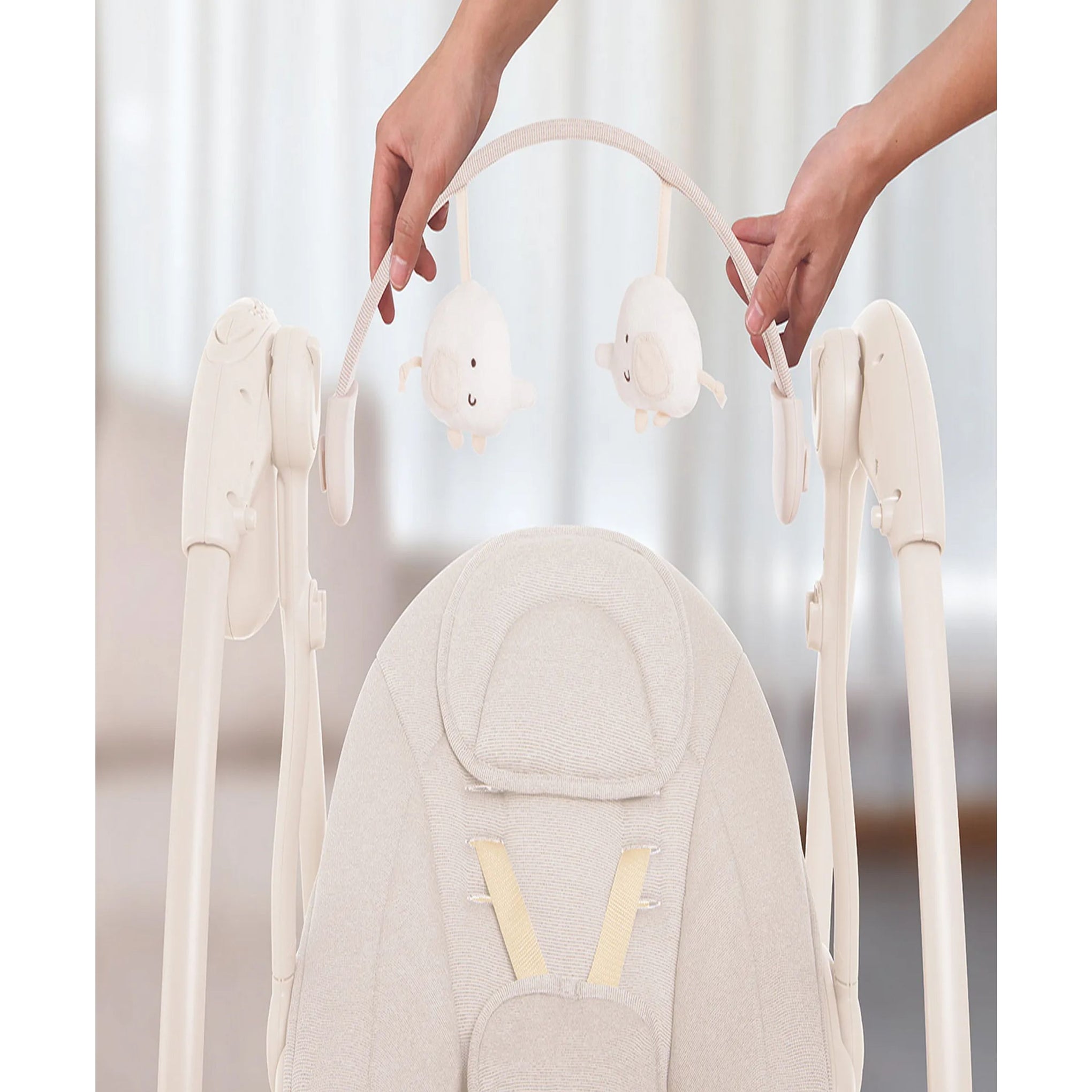 Mastela Deluxe Portable Baby Swing | Birth+ to 6 Months | Compact Foldable Infant Swing with Reclining Seat, Toy Bar, Safety Harness & Soft Cushion | Available in Grey & Cream