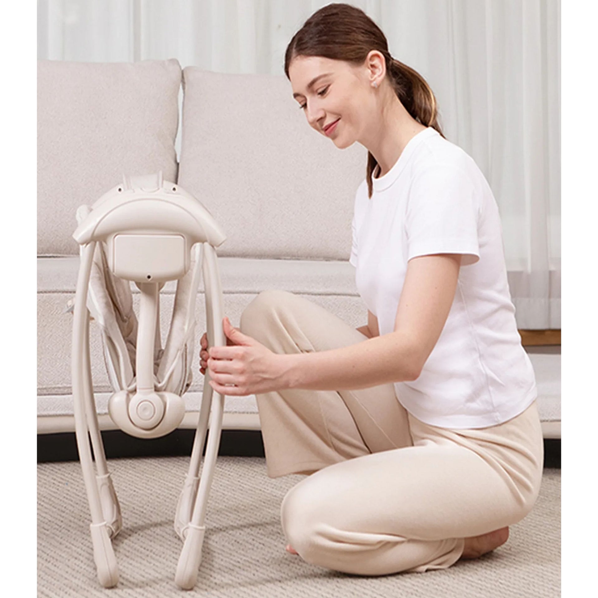 Mastela Deluxe Portable Baby Swing | Birth+ to 6 Months | Compact Foldable Infant Swing with Reclining Seat, Toy Bar, Safety Harness & Soft Cushion | Available in Grey & Cream