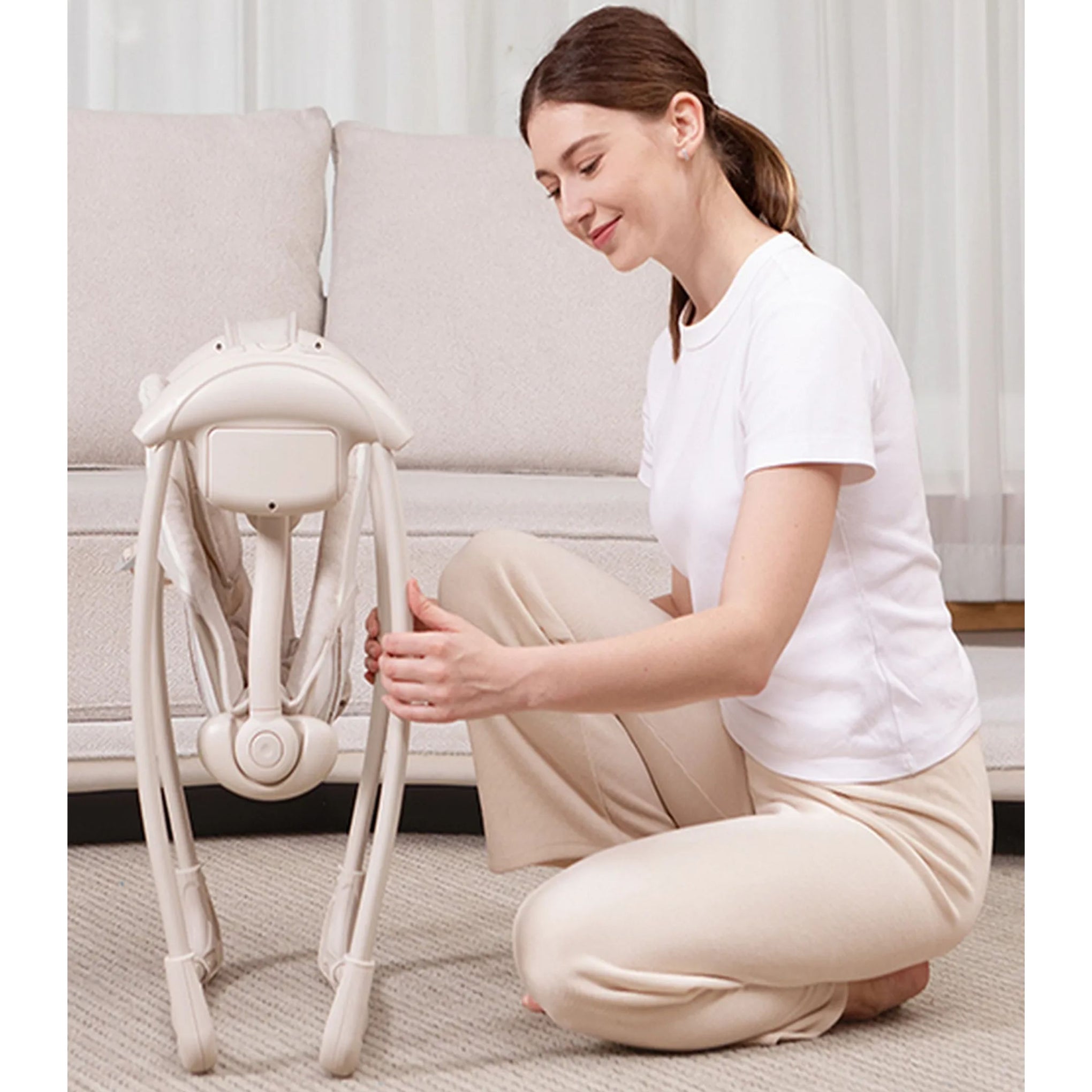 Mastela Deluxe Portable Baby Swing | Birth+ to 6 Months | Compact Foldable Infant Swing with Reclining Seat, Toy Bar, Safety Harness & Soft Cushion | Available in Grey & Cream
