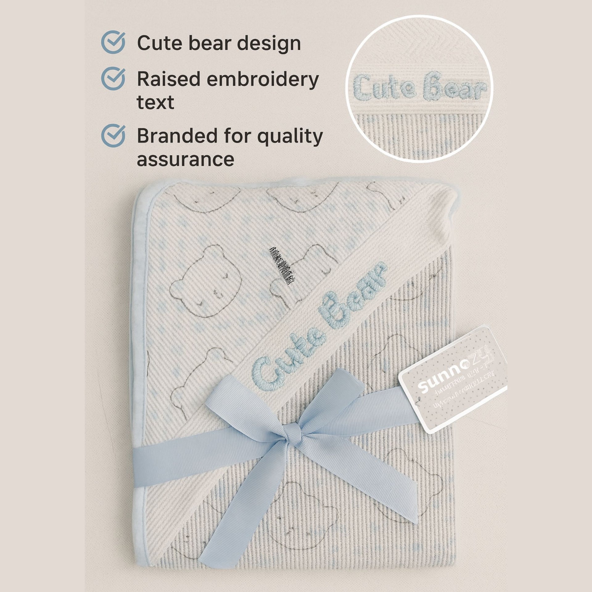 SUNNOZY Cute Bear Hooded Baby Blanket | Soft Cotton Swaddle Wrap for Newborn to 1 Year | Cozy Sleep Blanket with Ears | 75x100 cm | Available in Blue & Pink