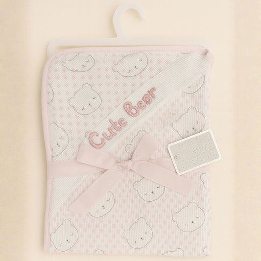 SUNNOZY Cute Bear Hooded Baby Blanket | Soft Cotton Swaddle Wrap for Newborn to 1 Year | Cozy Sleep Blanket with Ears | 75x100 cm | Available in Blue & Pink