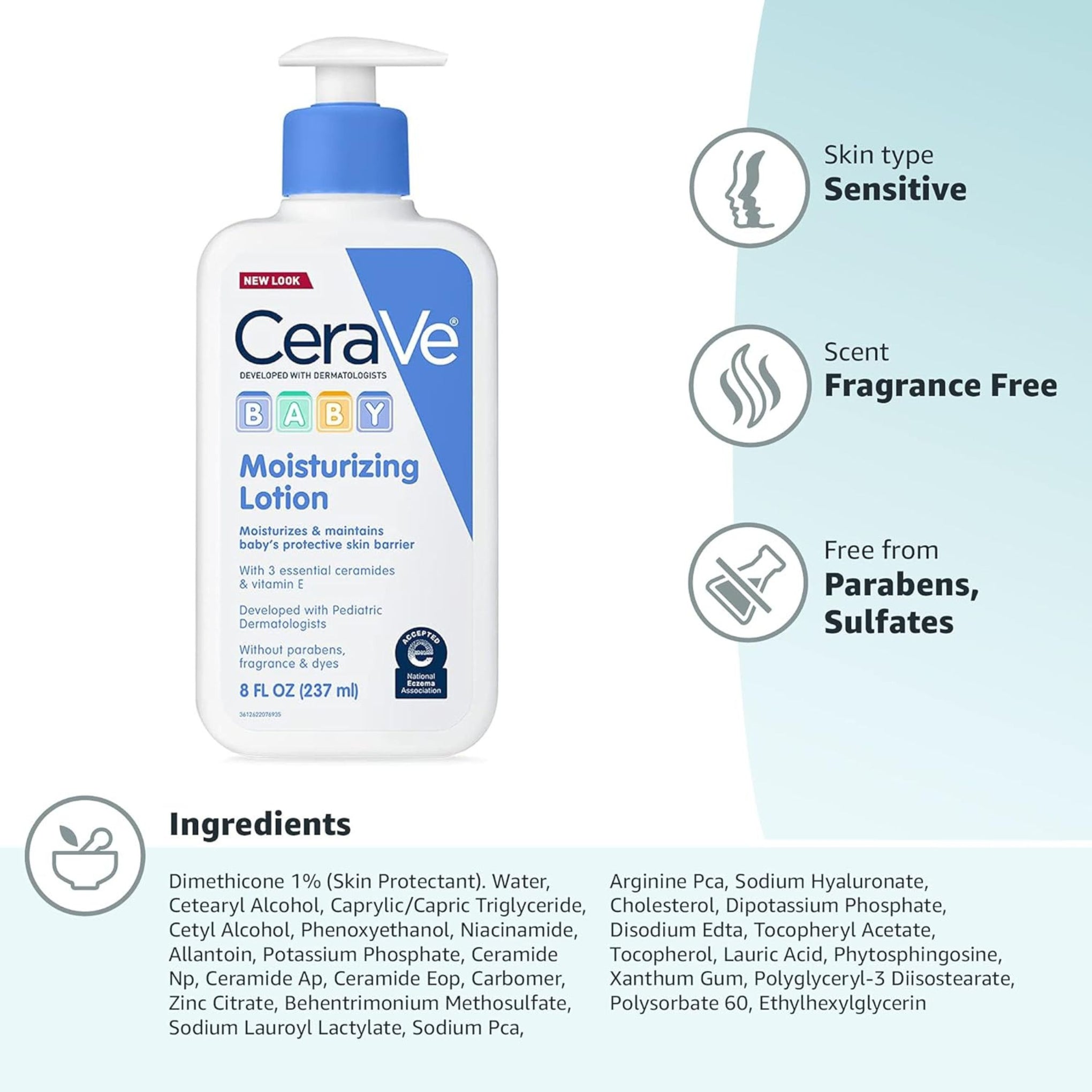 CeraVe Baby Lotion 8 Ounce Gentle Baby Skin Care with Hyaluronic Acid Paraben & Fragrance Free