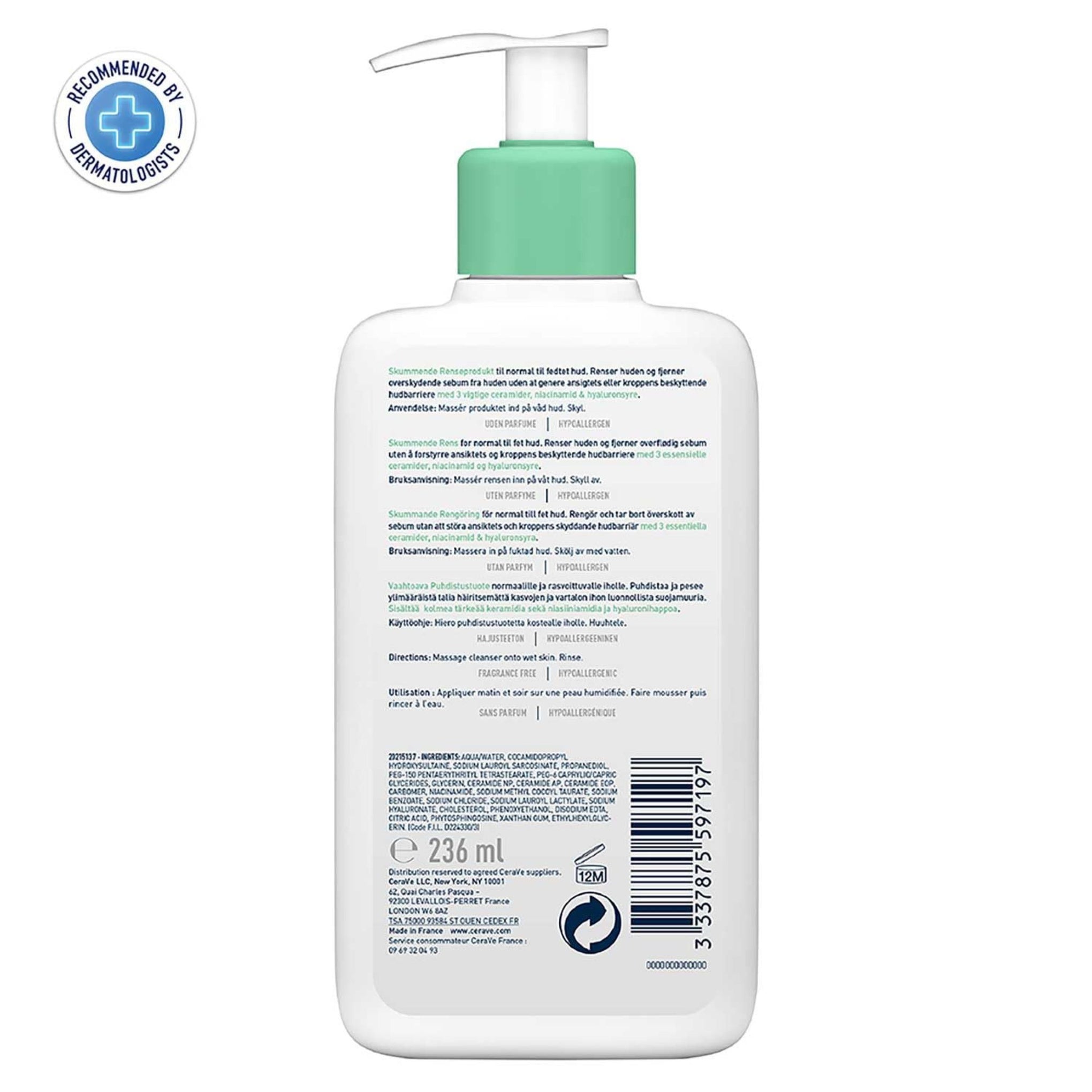 CERAVE FACE WASH GEL MOUSSANT 236ML | Non-Comedogenic And Fragrance-Free Cleansers For Acne-Prone Skin