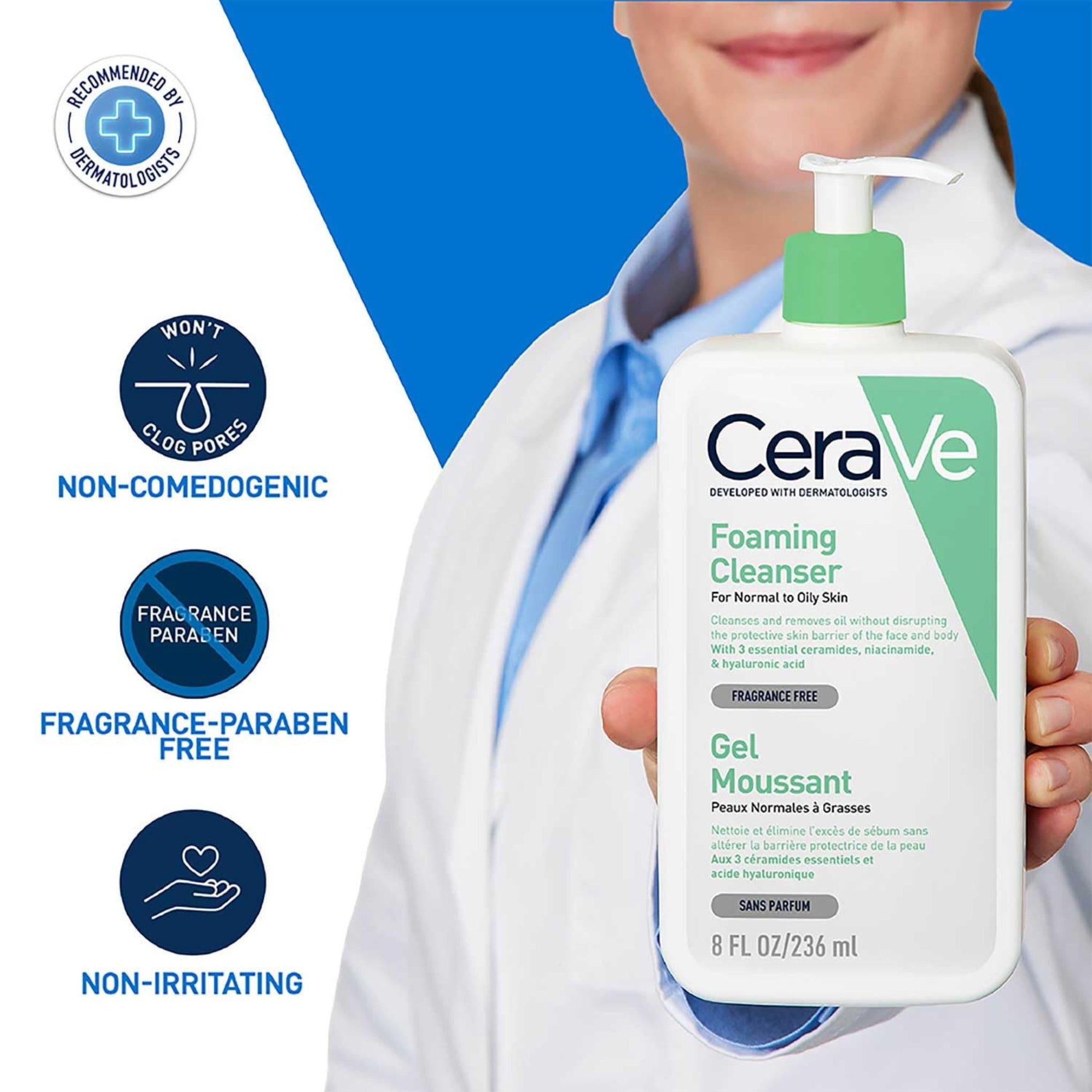 CERAVE FACE WASH GEL MOUSSANT 236ML | Non-Comedogenic And Fragrance-Free Cleansers For Acne-Prone Skin