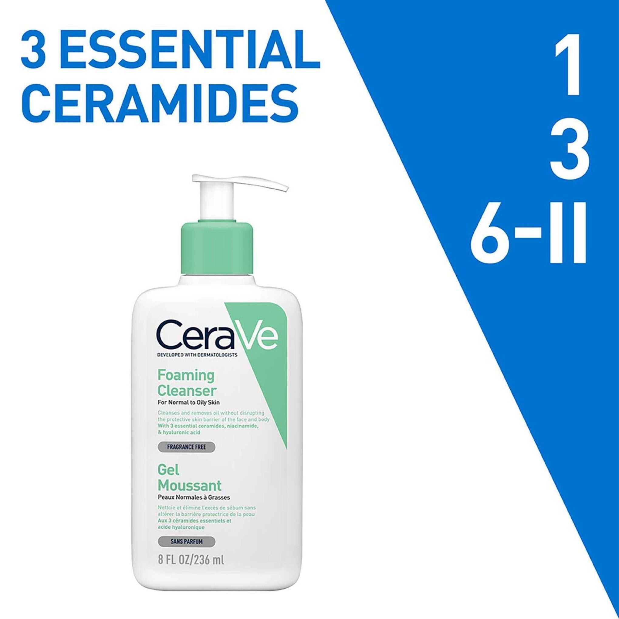 CERAVE FACE WASH GEL MOUSSANT 236ML | Non-Comedogenic And Fragrance-Free Cleansers For Acne-Prone Skin