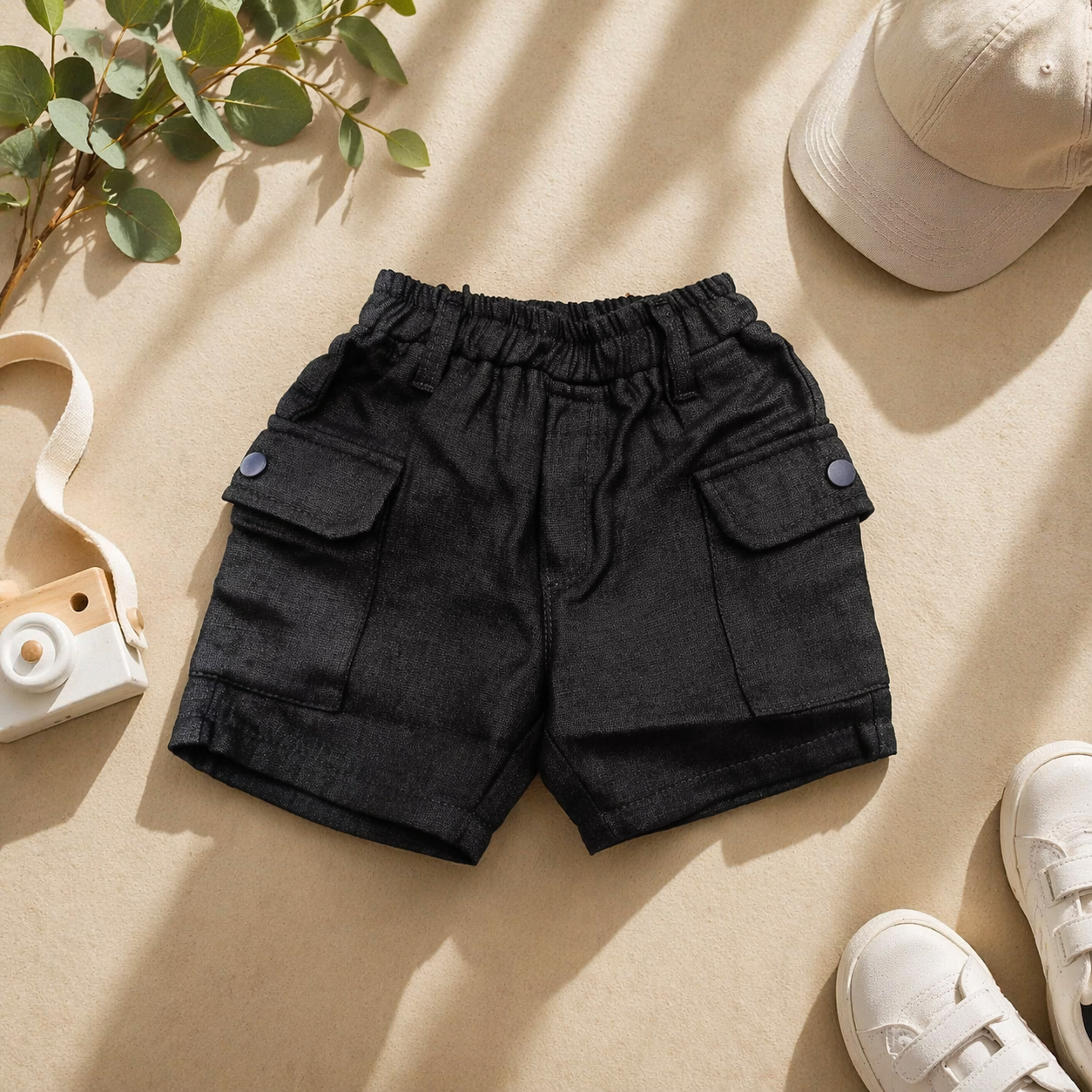 Smile Baby Boys Black Cargo Shorts – Elastic Waist Casual Summer Shorts (12M-5Y)