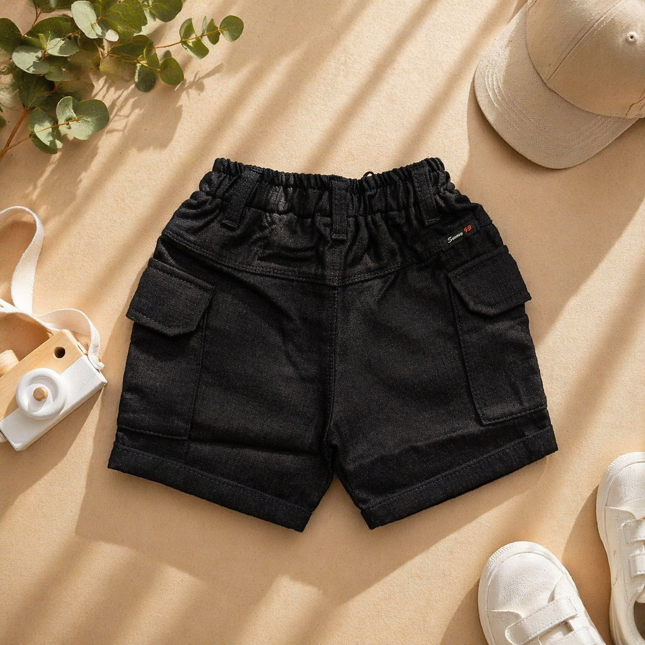 Smile Baby Boys Black Cargo Shorts – Elastic Waist Casual Summer Shorts (12M-5Y)