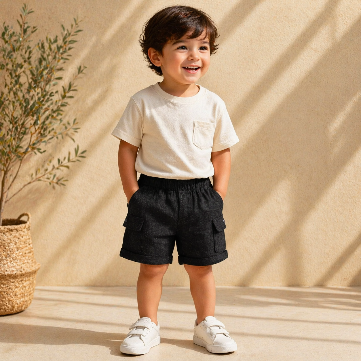 Smile Baby Boys Black Cargo Shorts – Elastic Waist Casual Summer Shorts (12M-5Y)