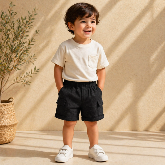 Smile Baby Boys Black Cargo Shorts – Elastic Waist Casual Summer Shorts (12M-5Y)