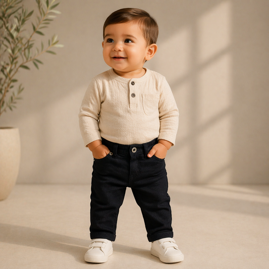 Smile Baby Infant Boys Black Denim Jeans – Soft Elastic Waist Baby Pants (3M-18M)