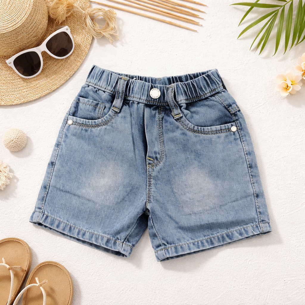 Smile Baby Boys Denim Shorts with Sunny Day Patch – Elastic Waist Casual Shorts (9M-5Y) | Black, Khakhi, Light Blue, Ice