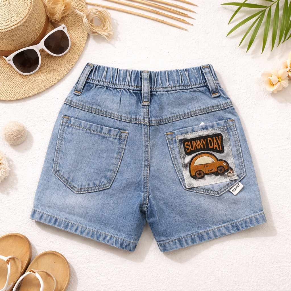 Smile Baby Boys Denim Shorts with Sunny Day Patch – Elastic Waist Casual Shorts (9M-5Y) | Black, Khakhi, Light Blue, Ice