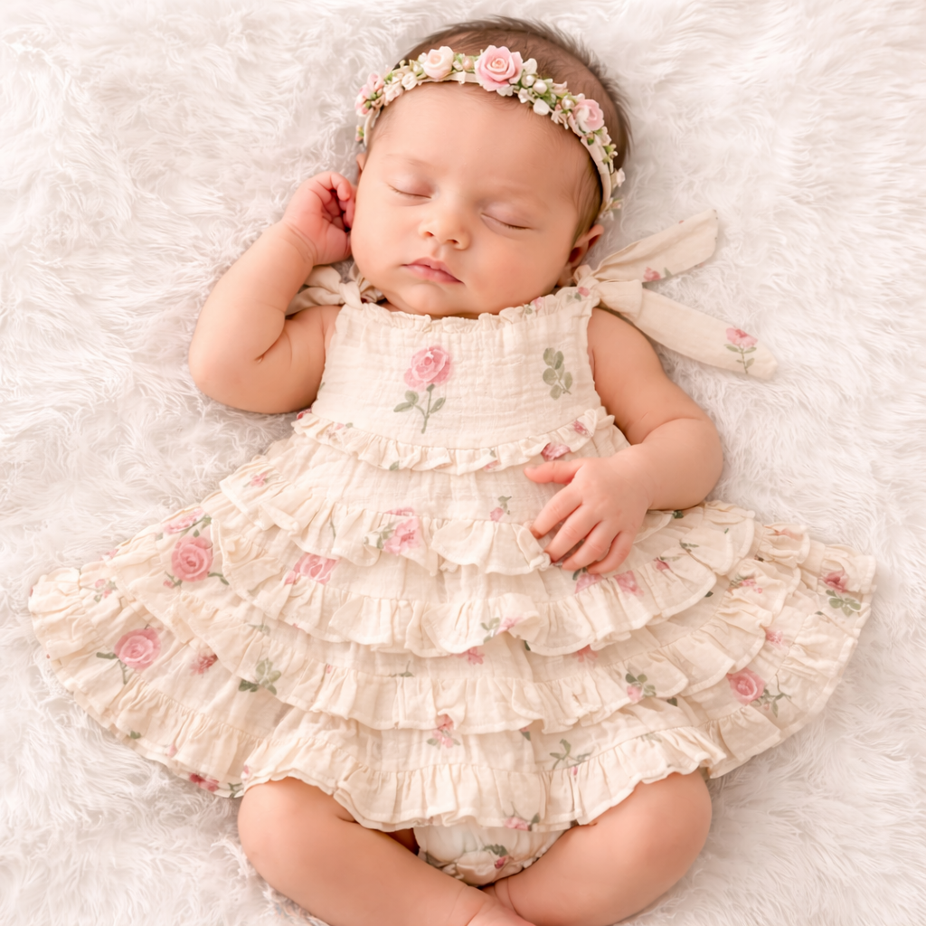 NUM NUM Lemon Floral Ruffle Baby Frock Dress | Soft Cotton Sleeveless Dress for NB to 9 Months