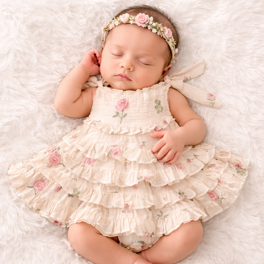 NUM NUM Lemon Floral Ruffle Baby Frock Dress | Soft Cotton Sleeveless Dress for NB to 9 Months