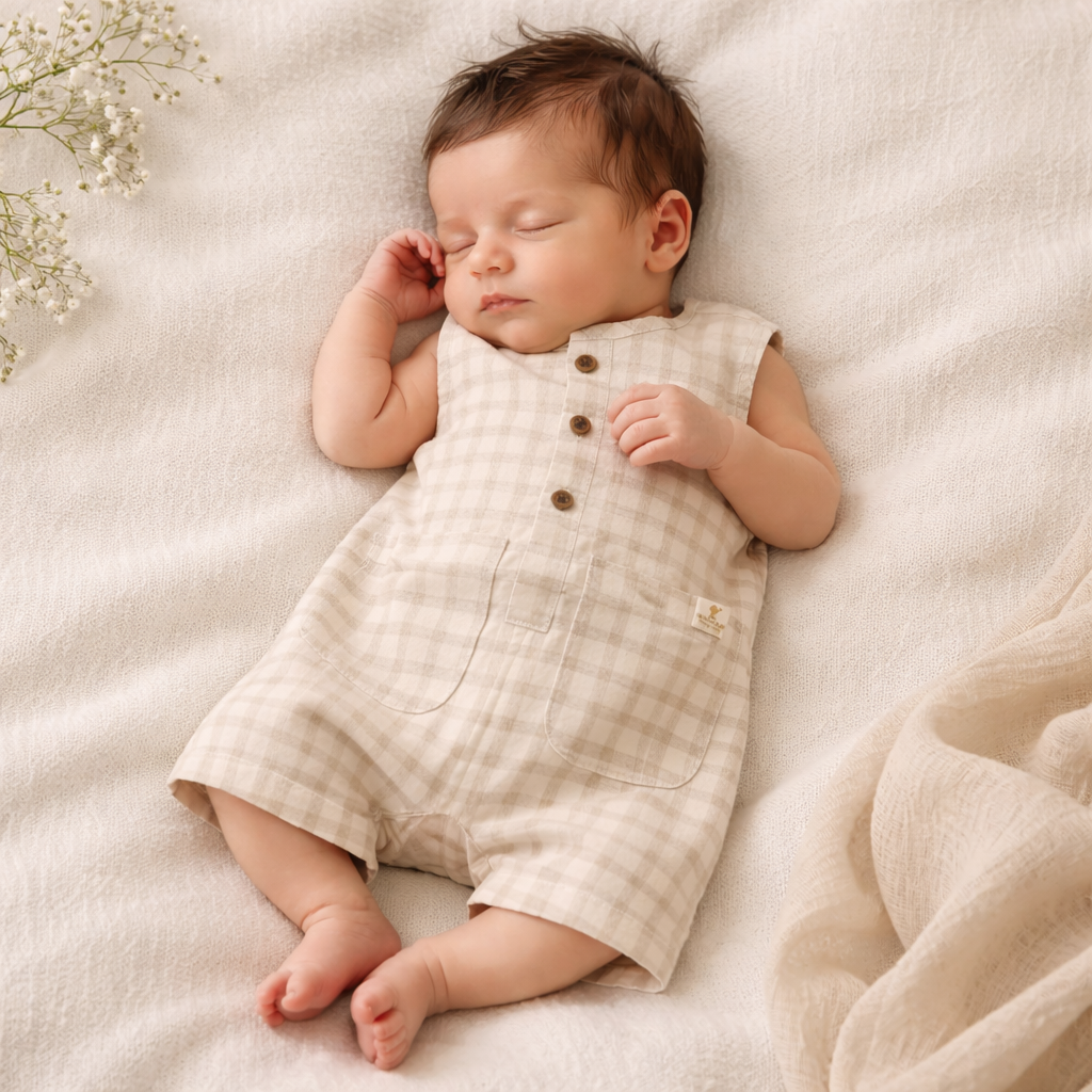 NUM NUM Newborn Baby Cotton Sleeveless Romper (NB–18M) | Cream