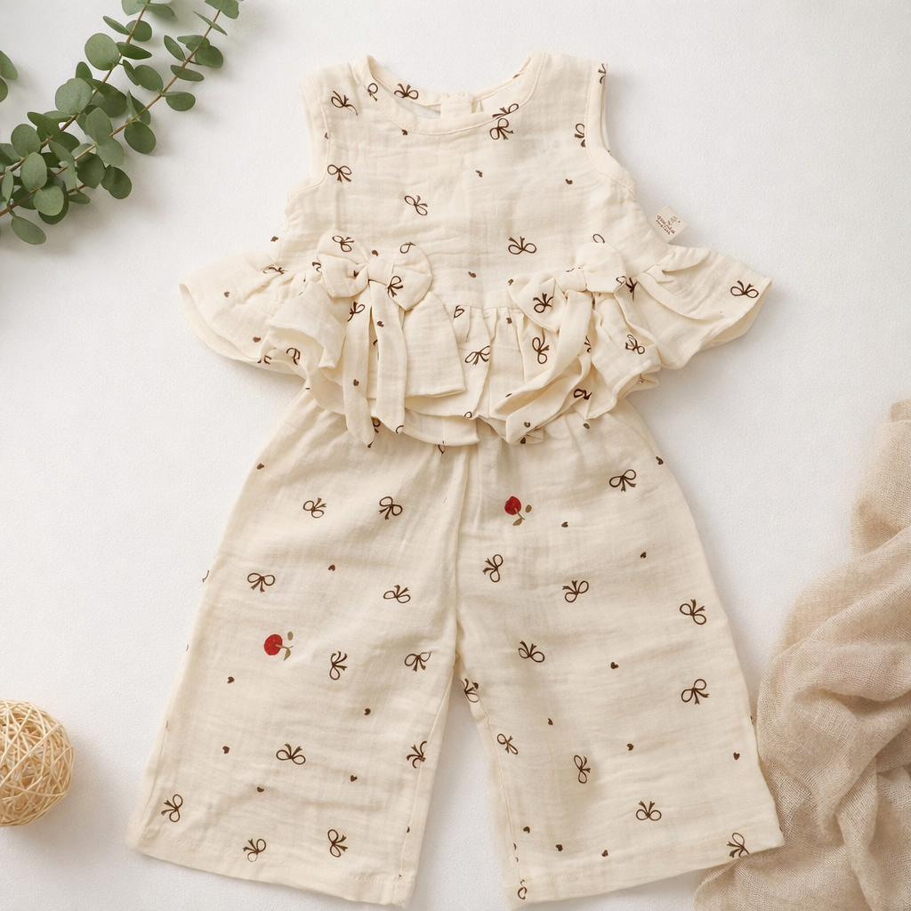 NUM NUM Baby Girls Sleeveless Bow Design Frock Set with Palazzo Pants | Soft Cotton Summer Outfit | 6M to 3Y