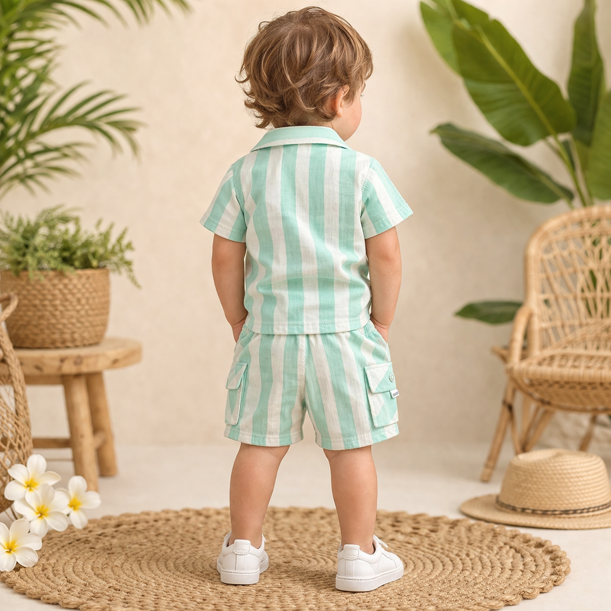 KIDZELLO Baby Boys Striped Co-Ord Set – Shirt & Shorts | Lemon & White / White & W.Green | 0–12 Months