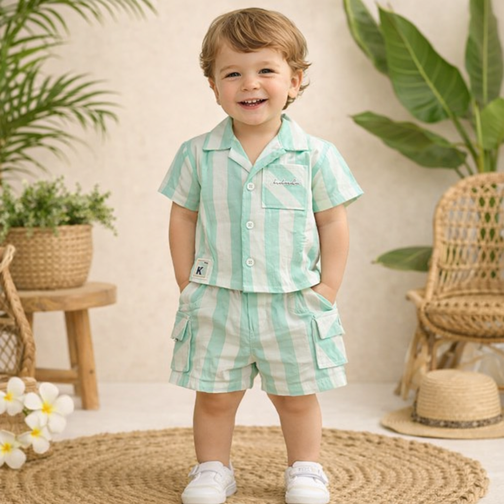 KIDZELLO Baby Boys Striped Co-Ord Set – Shirt & Shorts | Lemon & White / White & W.Green | 0–12 Months