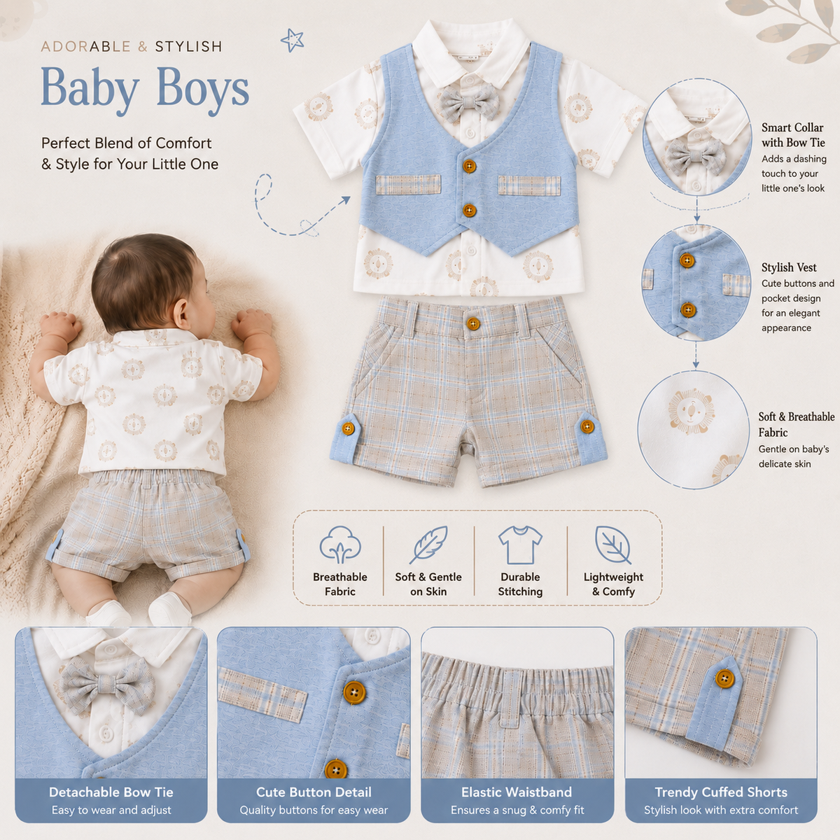 TOFFY HOUSE baby boy shirt and shorts outfit in light grey, featuring a white lion-print collared shirt with attached light blue vest, bow tie detail and matching light grey blue-check shorts, with product feature callouts for soft fabric, buttons, elastic waistband and cuffed shorts.