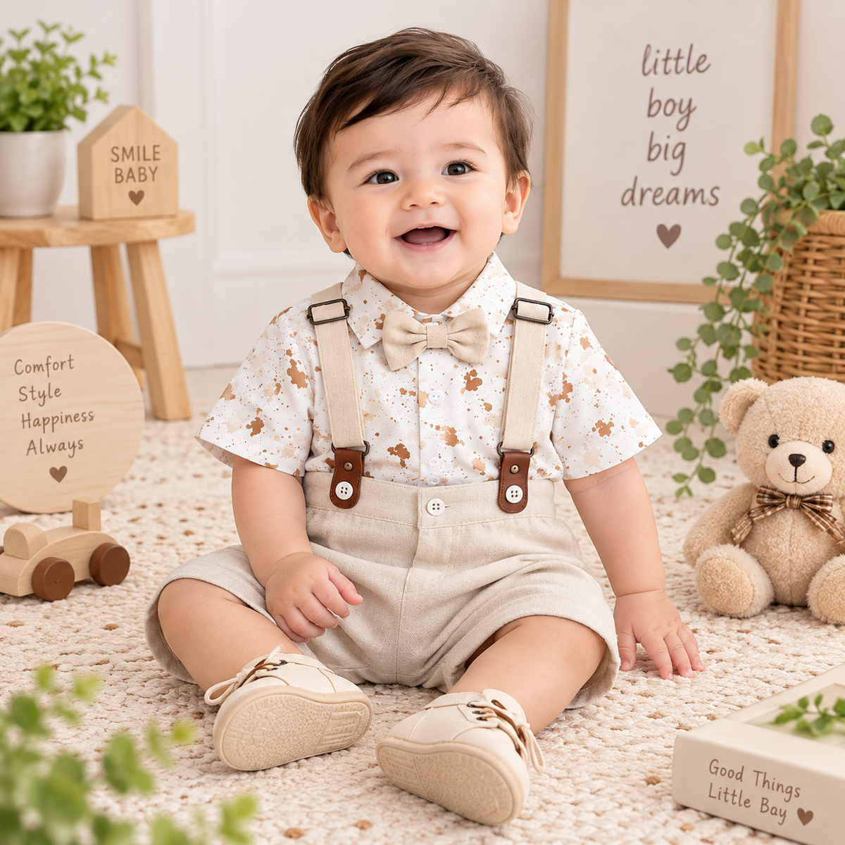 TOFFY HOUSE baby boy wearing ecru bow tie shirt and suspender shorts set front view