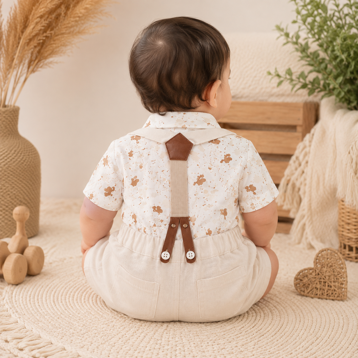 TOFFY HOUSE baby boy wearing ecru printed shirt and suspender shorts set back view